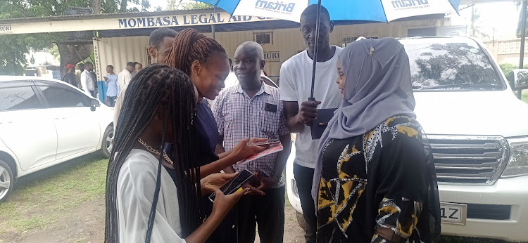 Mombasa woman rep Zamzam Mohamed [R] at Muhuri Legal Aid Clinic on Monday.