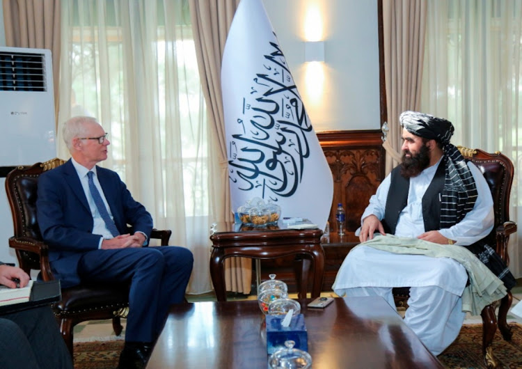 British special envoy Simon Gass holds talks with Taliban acting foreign minister Amir Khan Muttaqi in this picture uploaded on social media, October 5 2021. Picture: REUTERS