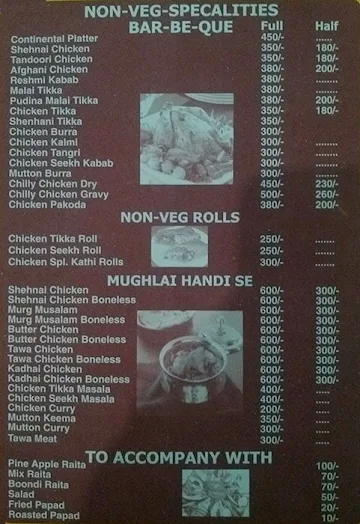 Mughal Darbar menu 