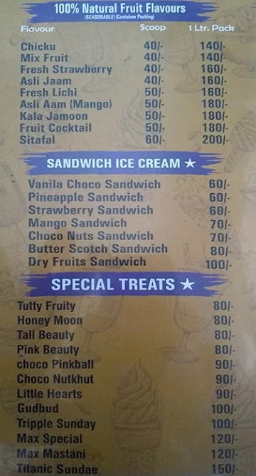The Max Ice Cream menu 