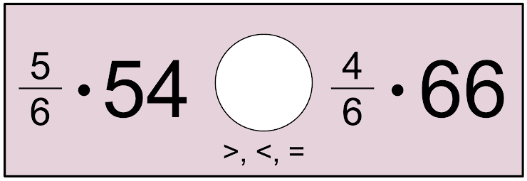 "Five sixths of fifty-four is ____________________ four sixths of sixty-six."