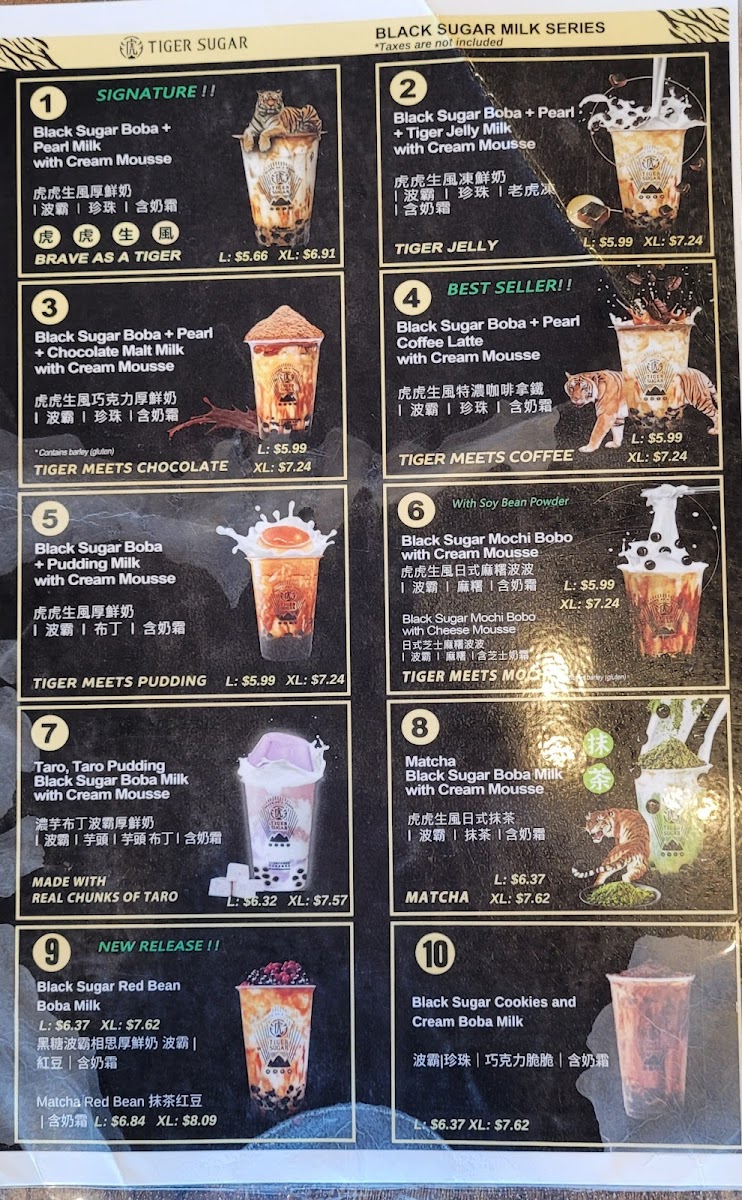 TIGER SUGAR gluten-free menu