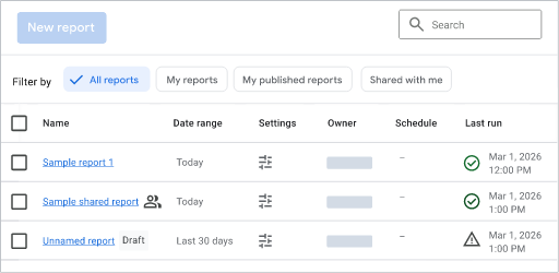 Voorbeeld van de pagina Interactieve rapporten met de knop Nieuw rapport, zoekfilters en de rapporttabel