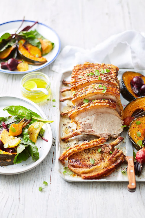 Fennel & orange salt roast pork with beetroot & orange salad.