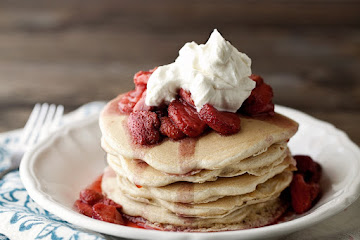 Pecan Wheat Pancakes with Maple Bourbon Strawberries