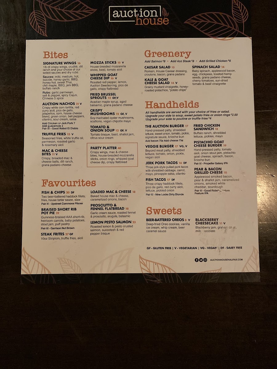 Food menu: GF Fryers, GF buns, GF identified on menu