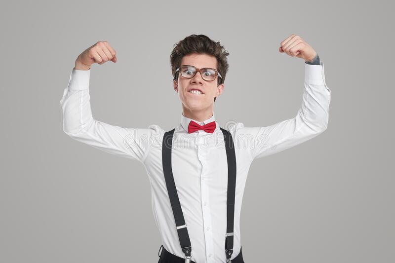 Funny Nerd in Formal Outfit Showing Muscles Stock Photo - Image of imitate,  attitude: 230098064