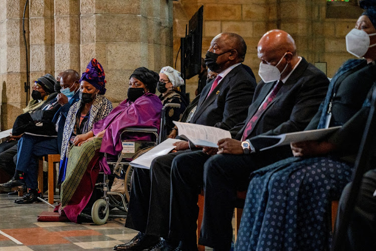 Leah Tutu, wife of late Archbishop Desmond Tutu, South African President Cyril Ramaphosa, and Lesotho's King Letsie attend the state funeral of late Archbishop Emeritus Desmond Tutu at St George's Cathedral in Cape Town. Picture: JACO MARAIS/POOL VIA REUTERS