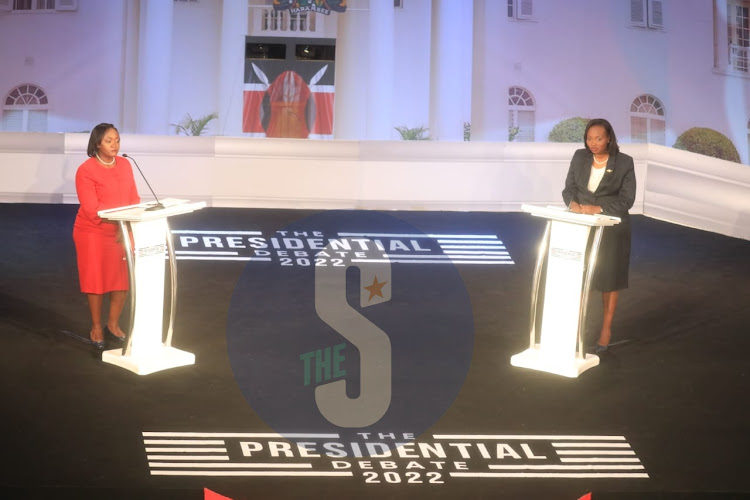 Roots Party presidential running mate Justina Wamae and Agano Party's Ruth Mutua during the presidential debate at CUEA on July 19, 2022