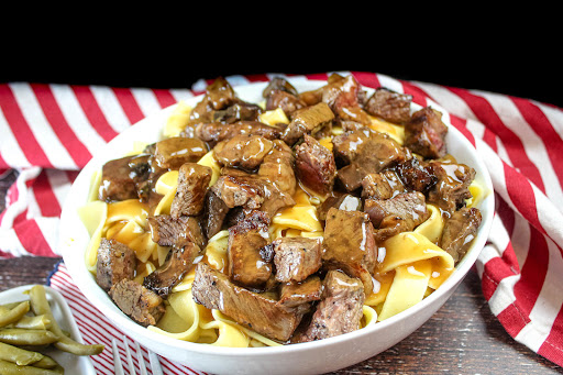 A large bowl of Beef Tips and Noodles.