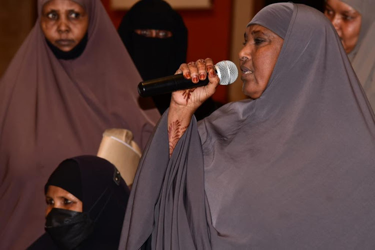 Ambia Hassan a resident from Mandera who is from the Degodia community speaking after they decided to rally behind Former EAC Cabinet Secretary Adan Mohamed on Saturday, March 19.