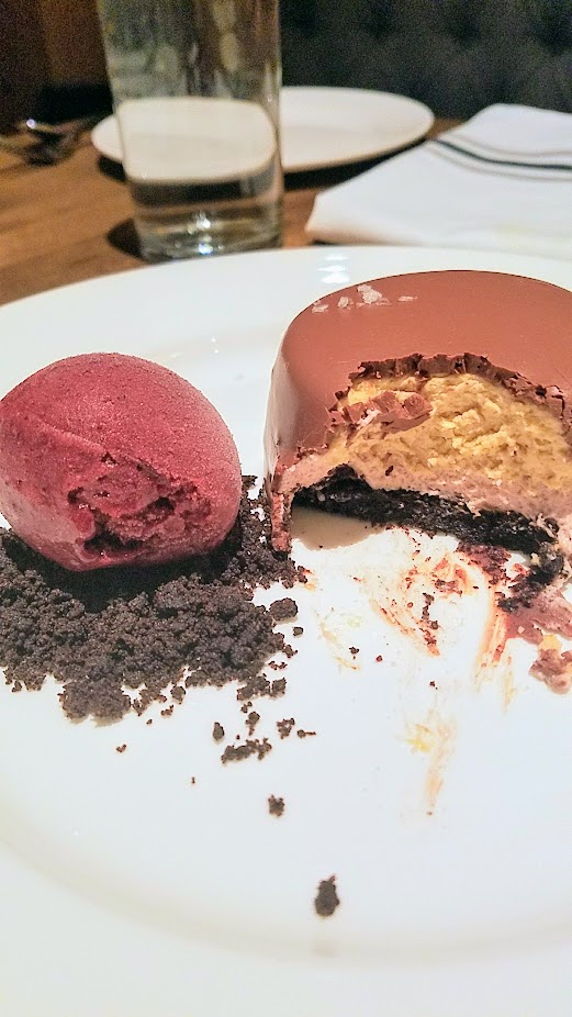 Tanner Creek Tavern Chocolate Peanut Butter Mousse Cake with Blackberry Sorbet