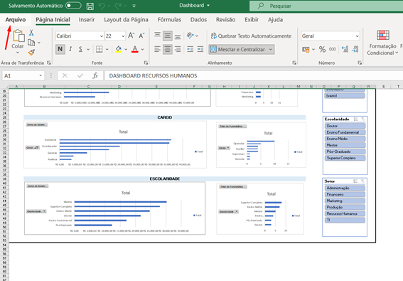 Menu Arquivo do dashboard no Excel