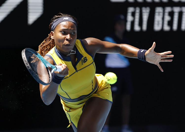 Coco Gauff of the USA in action against Marta Kostyuk of Ukraine during the women's singles quarterfinals at the Australian Open in Melbourne.