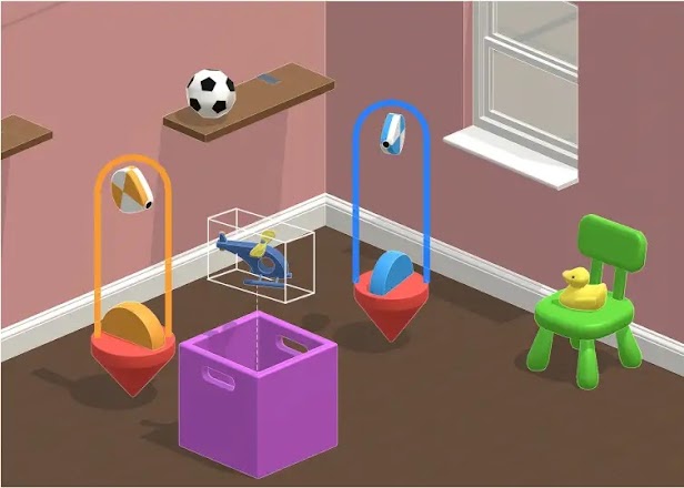 A simulated environment, resembling a playroom, with shelves, furniture, windows, an assortment of children's toys and domestic objects. Agents are interacting in the playroom, represented in blue and yellow.