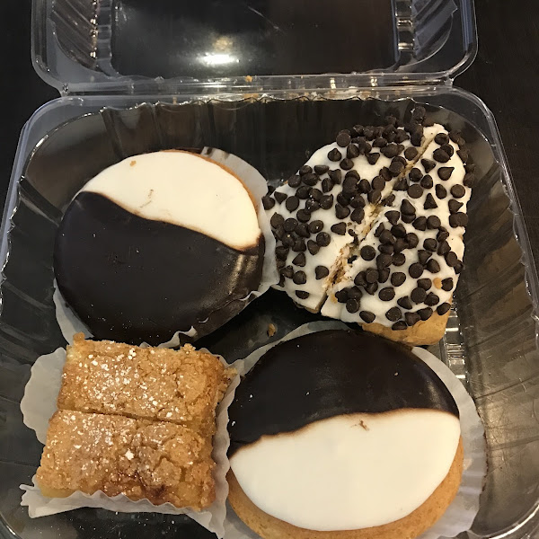 Black and white cookies,
Chocolate chip scone and a lemon square