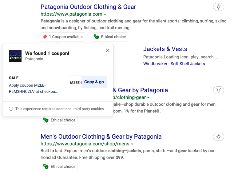 Screenshot of the dialog that appears when you hover over the '1 Coupon available' annotation for Patagonia.