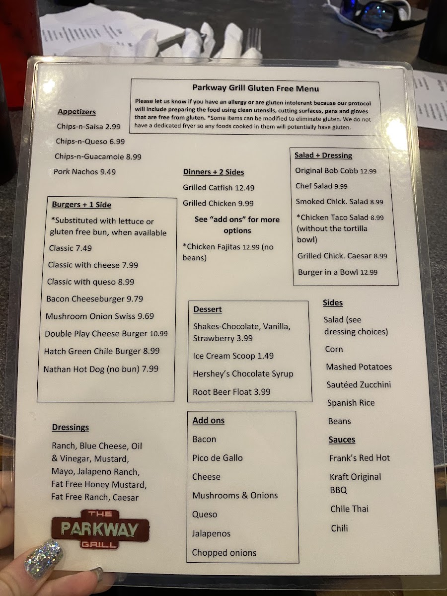 Parkway Grill gluten-free menu