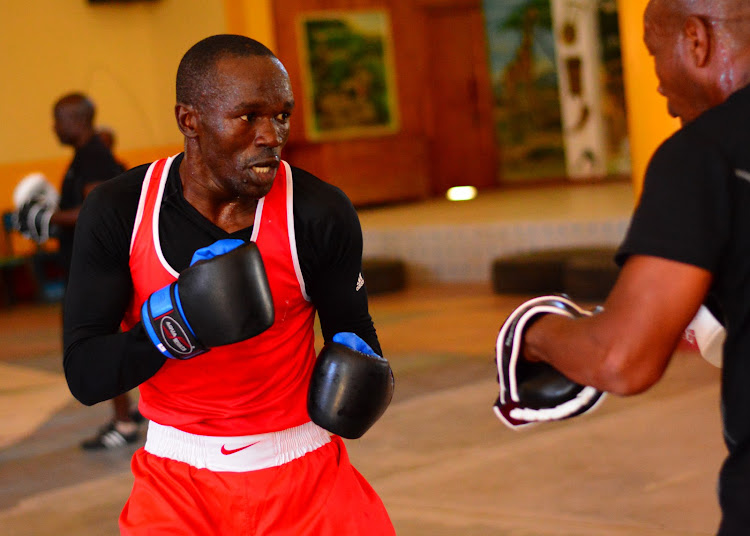 Nick Okoth in action during a training session with the National boxing team at the Nanyuki social hall on February 9,2020.JPG
