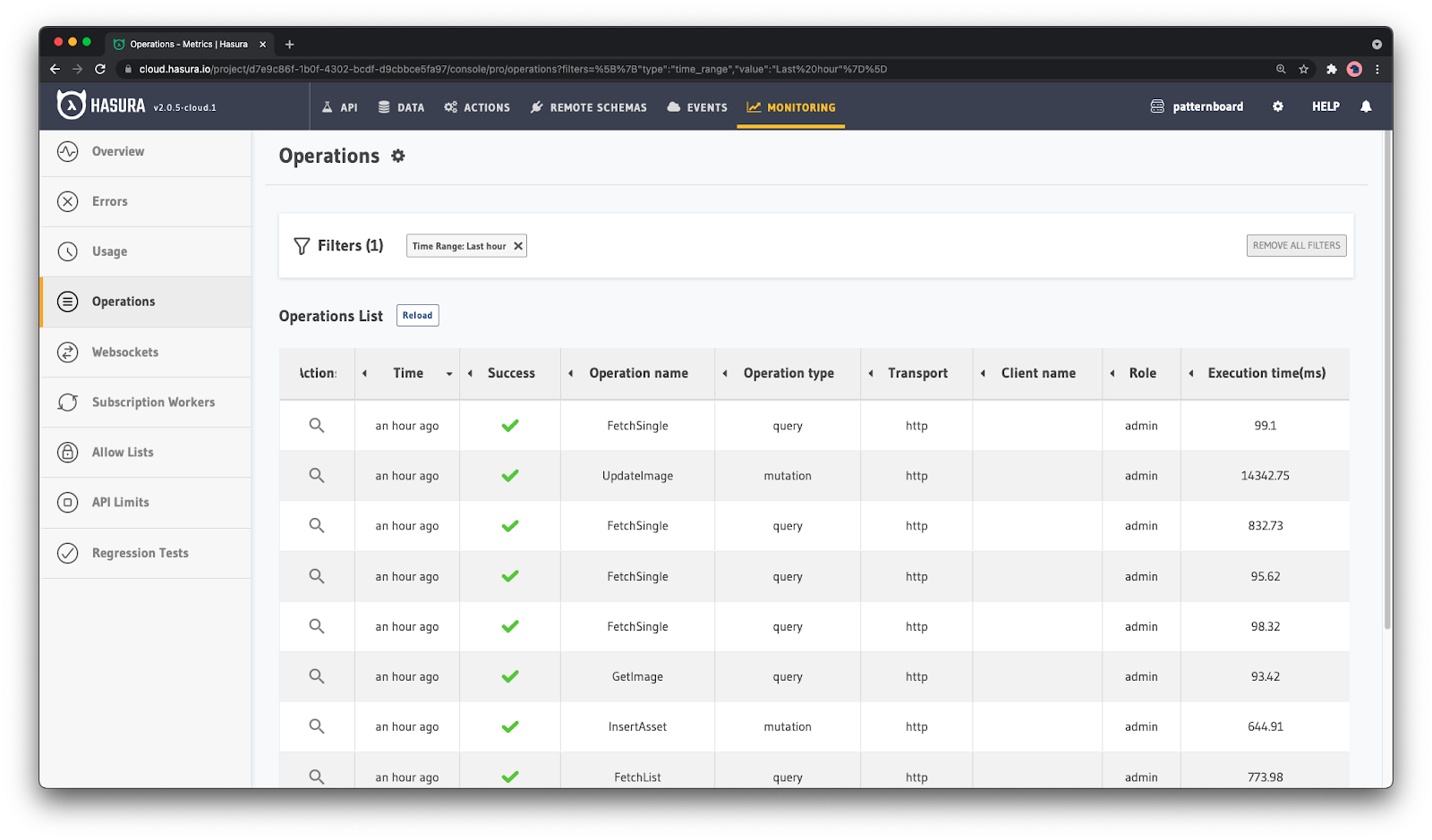 Viewing API calls in Hasura Cloud.