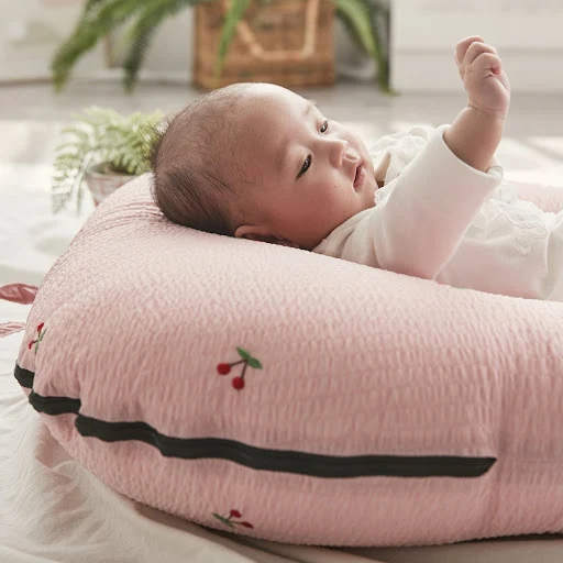 Gối chống trào ngược Rototo Bebe cho bé 0-12 tháng ruột chữ C vỏ ripple hồng cherry_ALADDIN