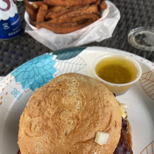 Gluten free bacon burger and sweet potato fries!!