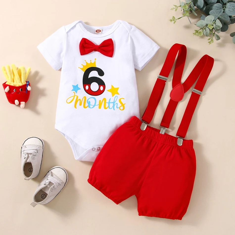 Conjunto de roupa para bebê com estampa de letras para aniversário, romper e calças com suspensórios, perfeito para fotos.