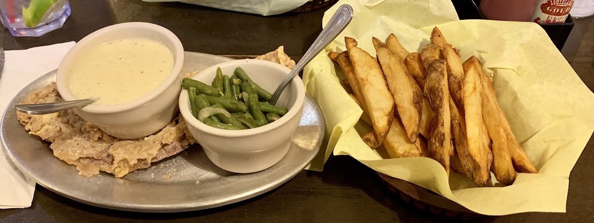 GF chicken-fried steak and hand cut fries (from a separate prep area and fryer) and southern style green beans.