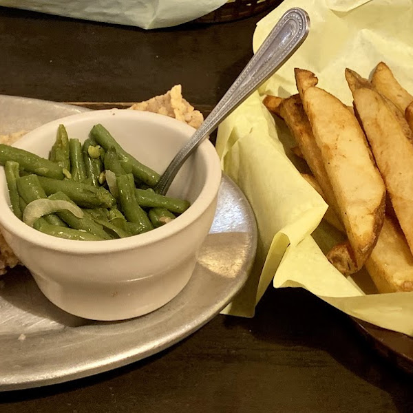 GF chicken-fried steak and hand cut fries (from a separate prep area and fryer) and southern style green beans.