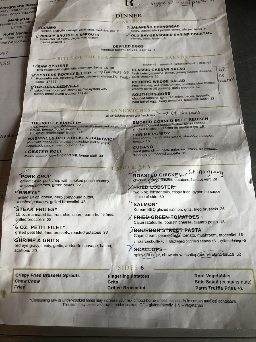 This is the marked up menu i was given showing what was or could be gluten free. Theyd recently reprinted their menus and forgot to add the Gf notations to the new ones.
