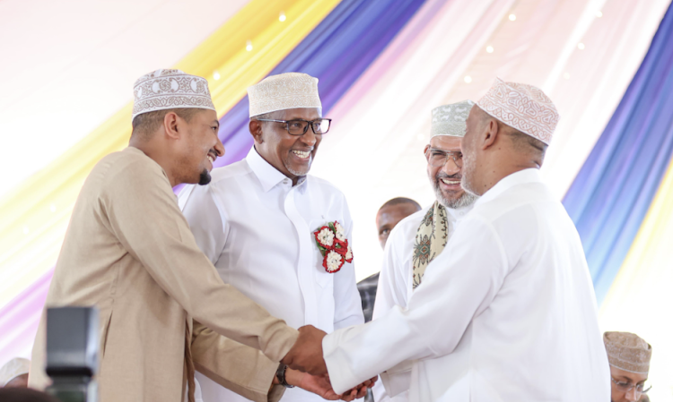 Defence CS Aden Duale with Mombasa Governor Abdulswamad Nassir and other leaders on March 30, 2024.