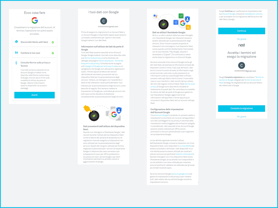 schermata della migrazione dell'Account Nest