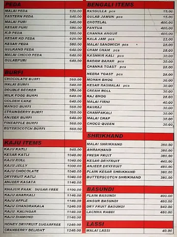 Kantilal Damodar Mithaiwala menu 