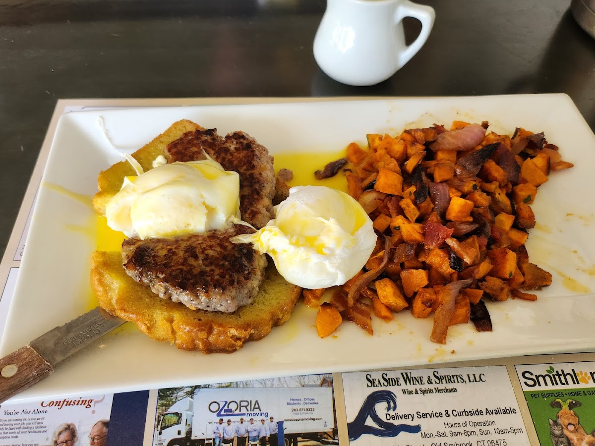 Eggs Benny with sweet potato hash