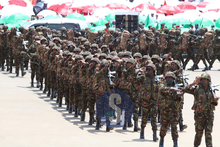 Security forces parade during Mashujaa celebrations at Uhuru gardens on Thursday, October 2022.