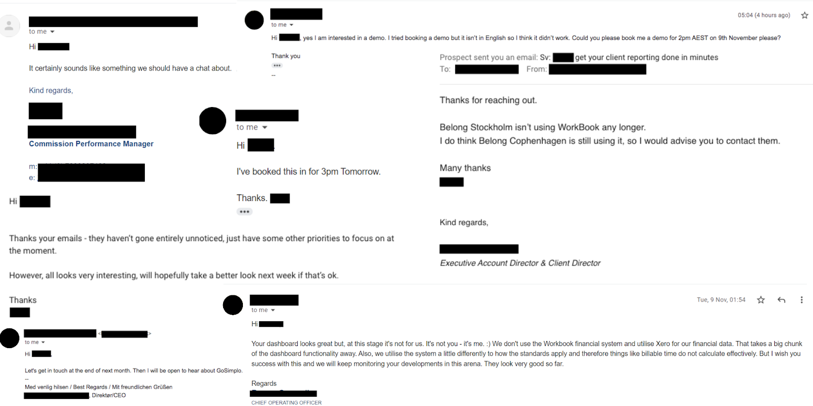 Collection of responses to Klint's email campaigns for gosimplo