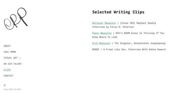 Screenshot of ERP portfolio website with link to selected writing clips