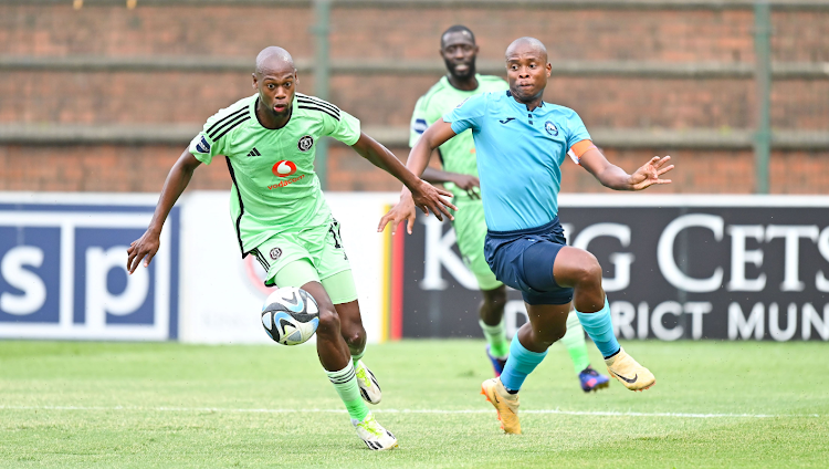 Orlando Pirates striker Evidence Mokgopa (left) and Simphiwe Mcineka of Richards Bay FC during the DStv Premiership 2023/24 football match at King Zwelithini Stadium on 25 November 2023.