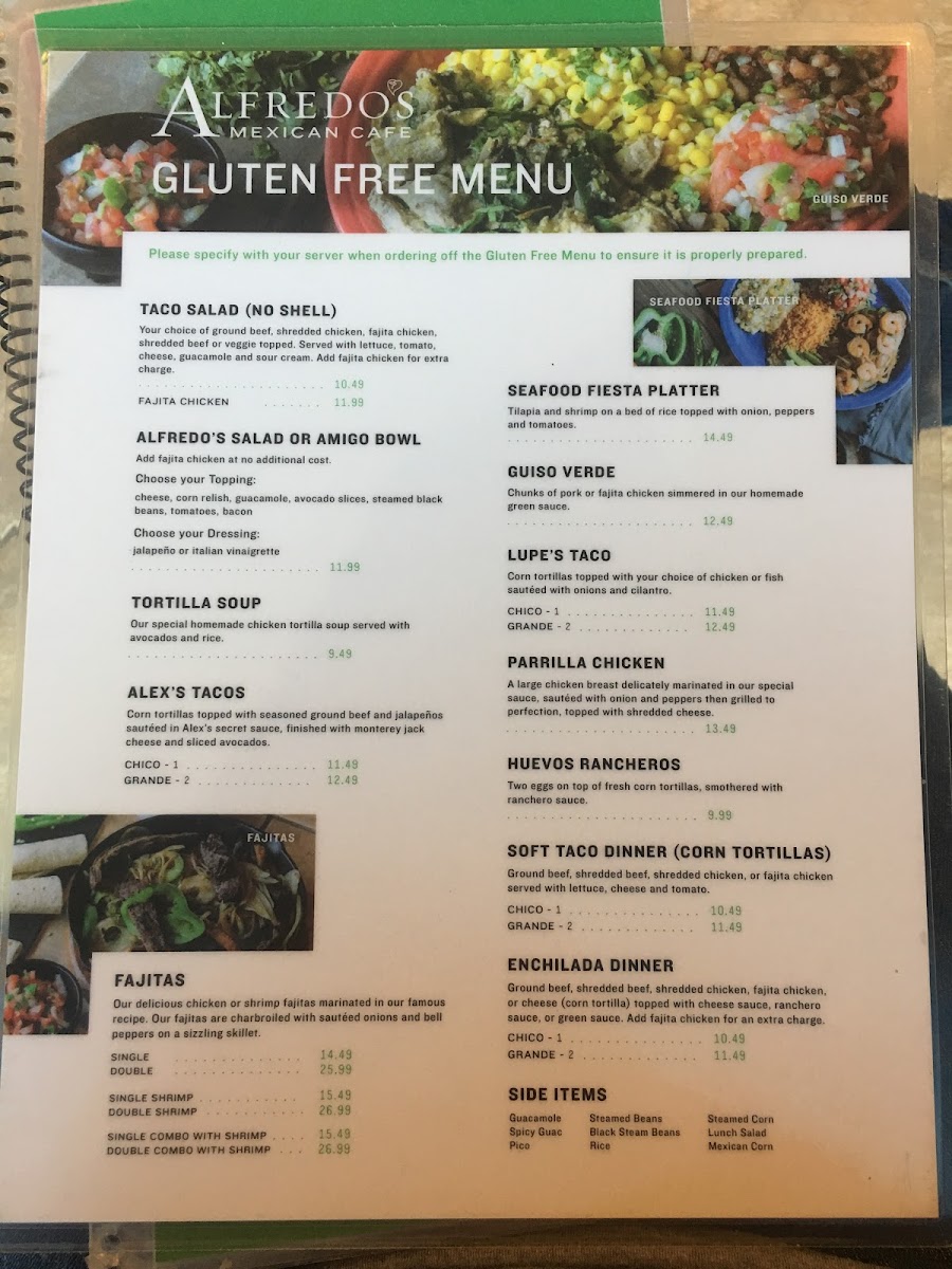 Alfredo’s Yukon Gluten Free Menu Oct 2018