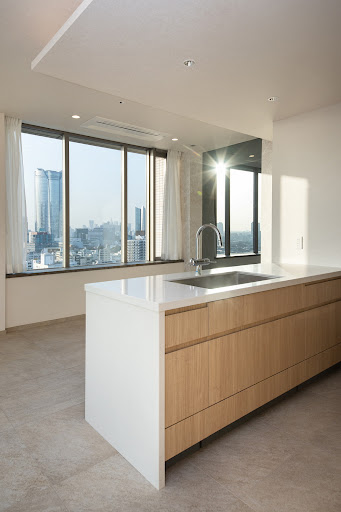 Modern kitchen with island and view - Apartment / penthouse purchase in Minato City, 2 bedrooms