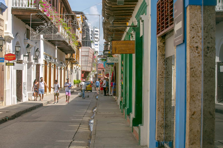 Artisan shops along a street in Old Cartagena, Colombia. 