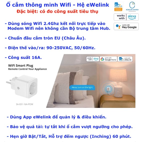 Ổ Cắm Thông Minh Sonoff Ewelink, Kết Nối Wifi, App Ewelink / Home Assistant (Hass) - 