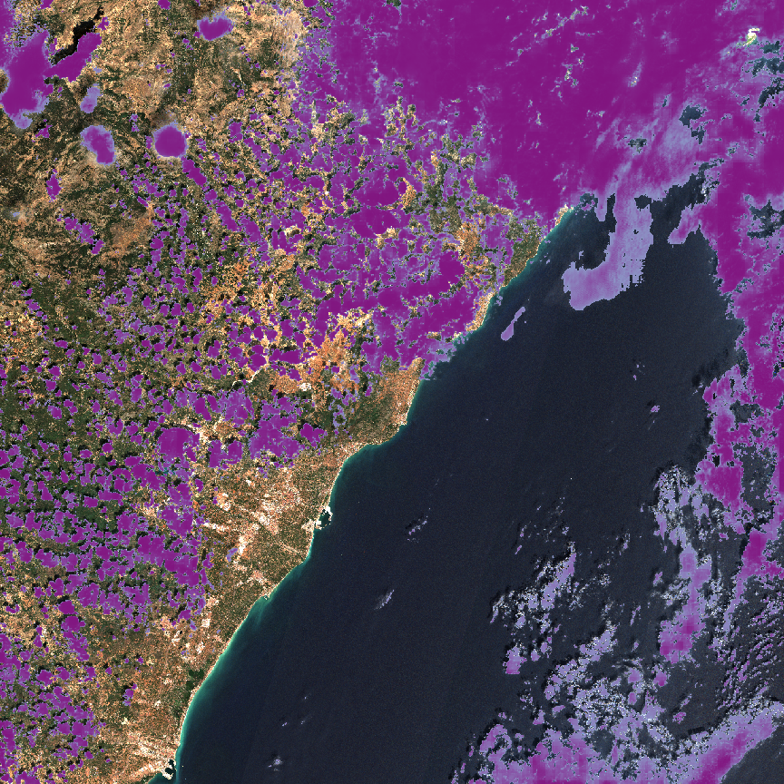 An aerial image with purple overlayed by a model onto the image. 
