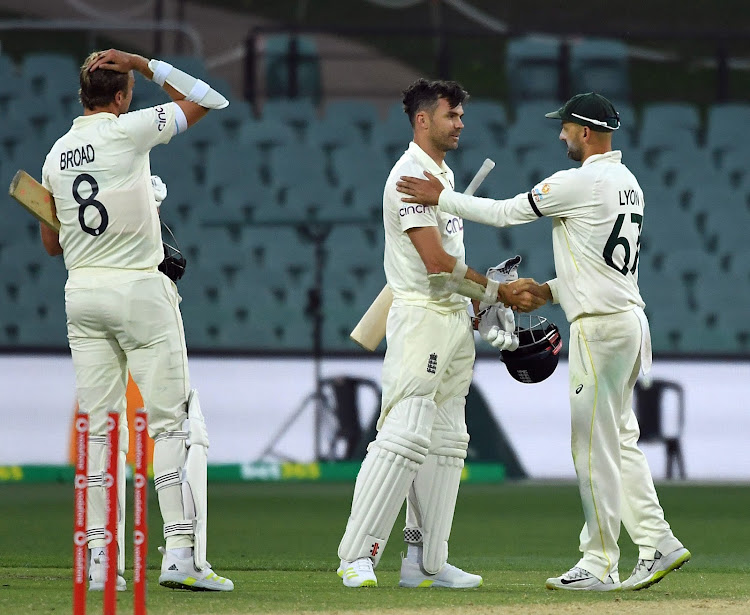 England's James Anderson and Australia's Nathan Lyon after the match.