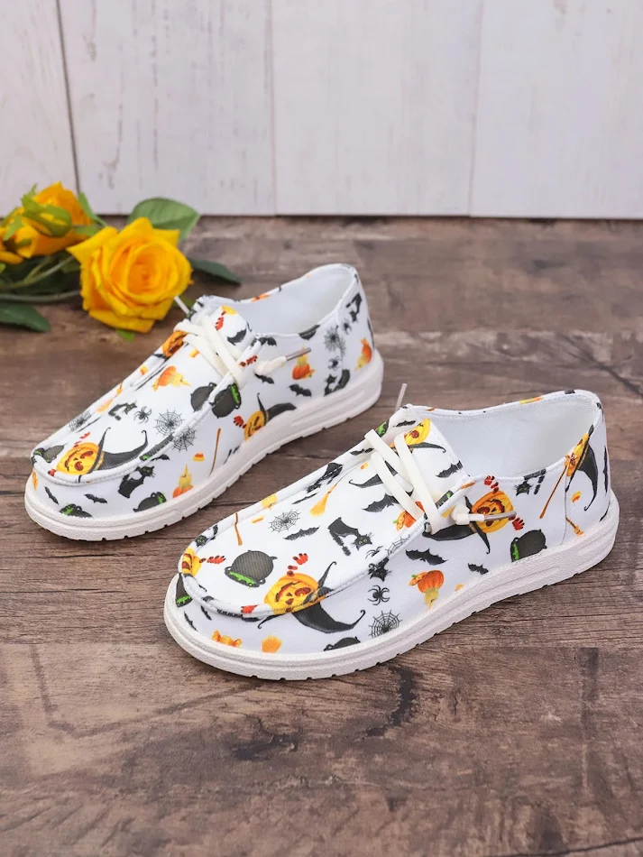 Zapatillas casuales planas de lona con estampado de calabazas de Halloween y fantasmas, estilo europeo y americano, cómodas.