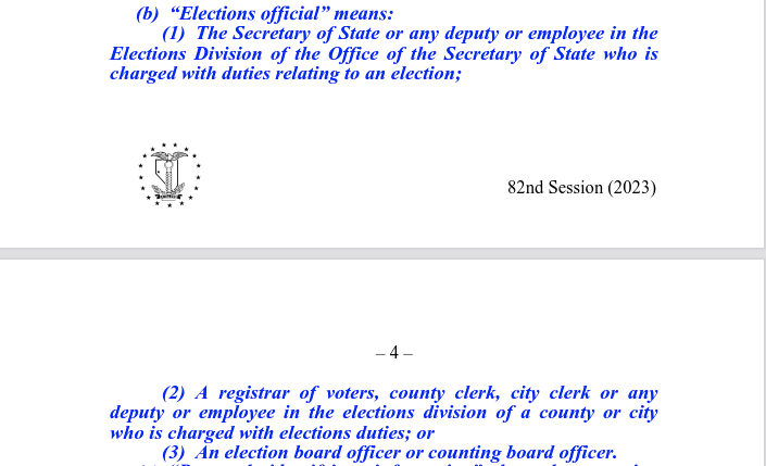 (b) "Elections official" means:
(1) The Secretary of State or any deputy or employee in the Elections Division of the Office of the Secretary of State who is charged with duties relating to an election;
(2) A registrar of voters, county clerk, city clerk or any deputy or employee in the elections division of a county or city who is charged with elections duties; or
(3) An election board officer or counting board officer.