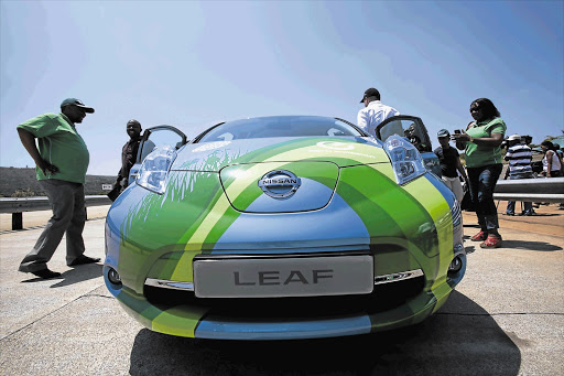 The electric-powered Nissan Leaf on display yesterday near Hartbeespoort Dam, Gauteng. The car will be available in South Africa late this year