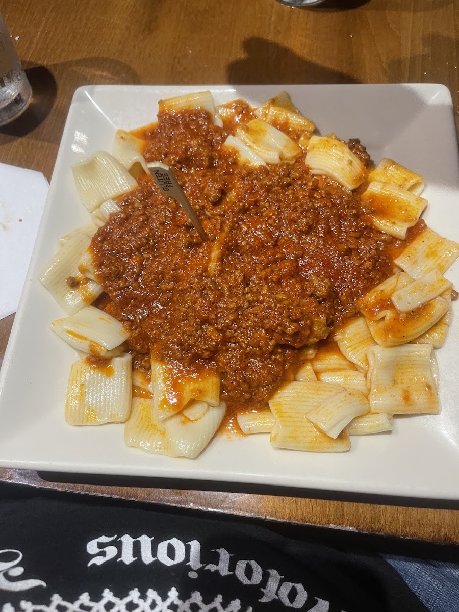 Fresh made gf rigatoni with bolognese