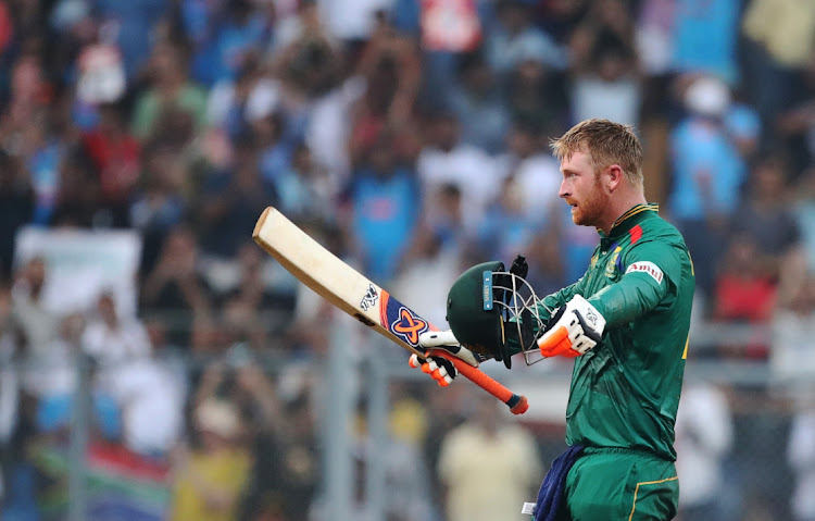 The Proteas' Heinrich Klaasen celebrates after scoring a century in the ICC Cricket World Cup 2023 against England at Wankhede Stadium in Mumbai on Saturday.