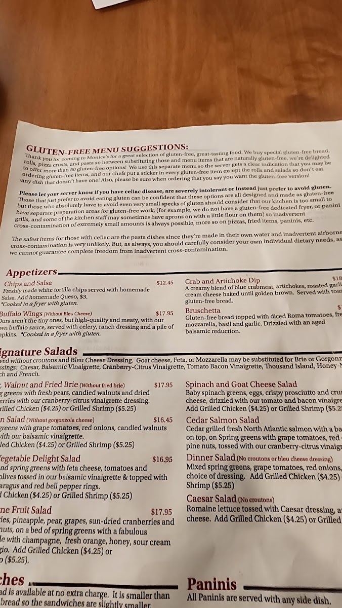 Monica's gluten-free menu